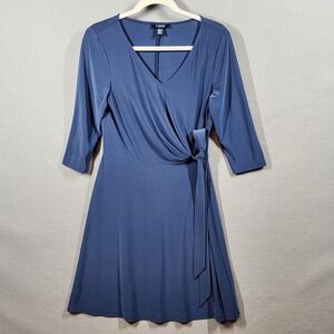 Chaps Dress Womens Medium‎ Blue Faux Wrap V-Neck Tie Waist 3/4 Sleeve Stretch